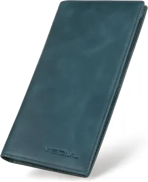 VISOUL Mens Checkbook Leather Wallets Long Bifold Wallets for Men Suit Wallet with 3 Cash Compartments 12 Credit Card Slots (Dark Blue)