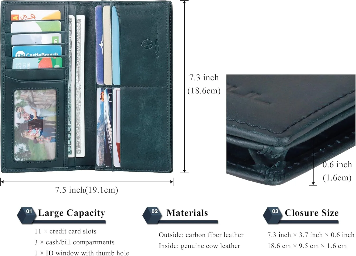 VISOUL Mens Checkbook Leather Wallets Long Bifold Wallets for Men Suit Wallet with 3 Cash Compartments 12 Credit Card Slots (Dark Blue)