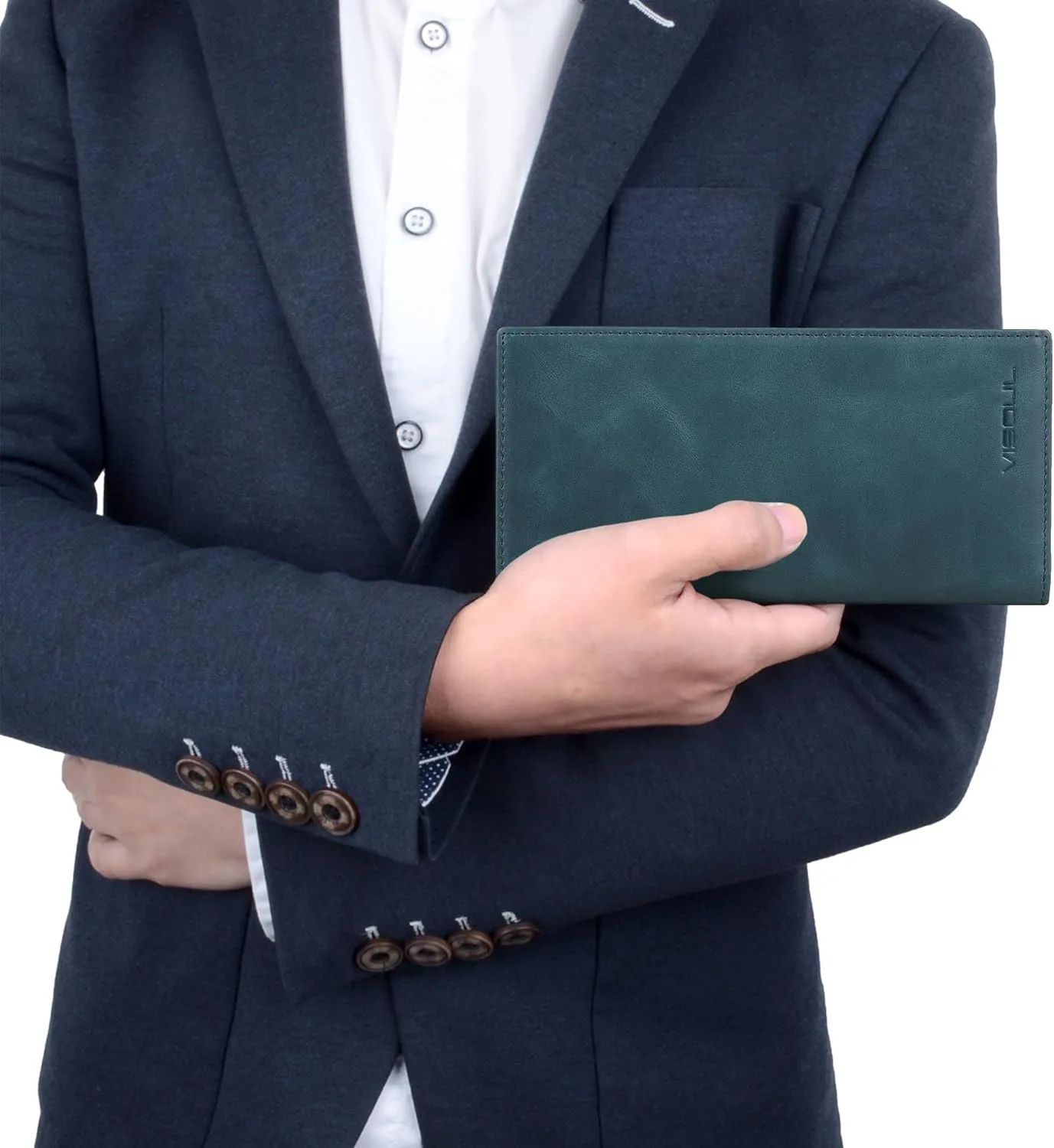 VISOUL Mens Checkbook Leather Wallets Long Bifold Wallets for Men Suit Wallet with 3 Cash Compartments 12 Credit Card Slots (Dark Blue)