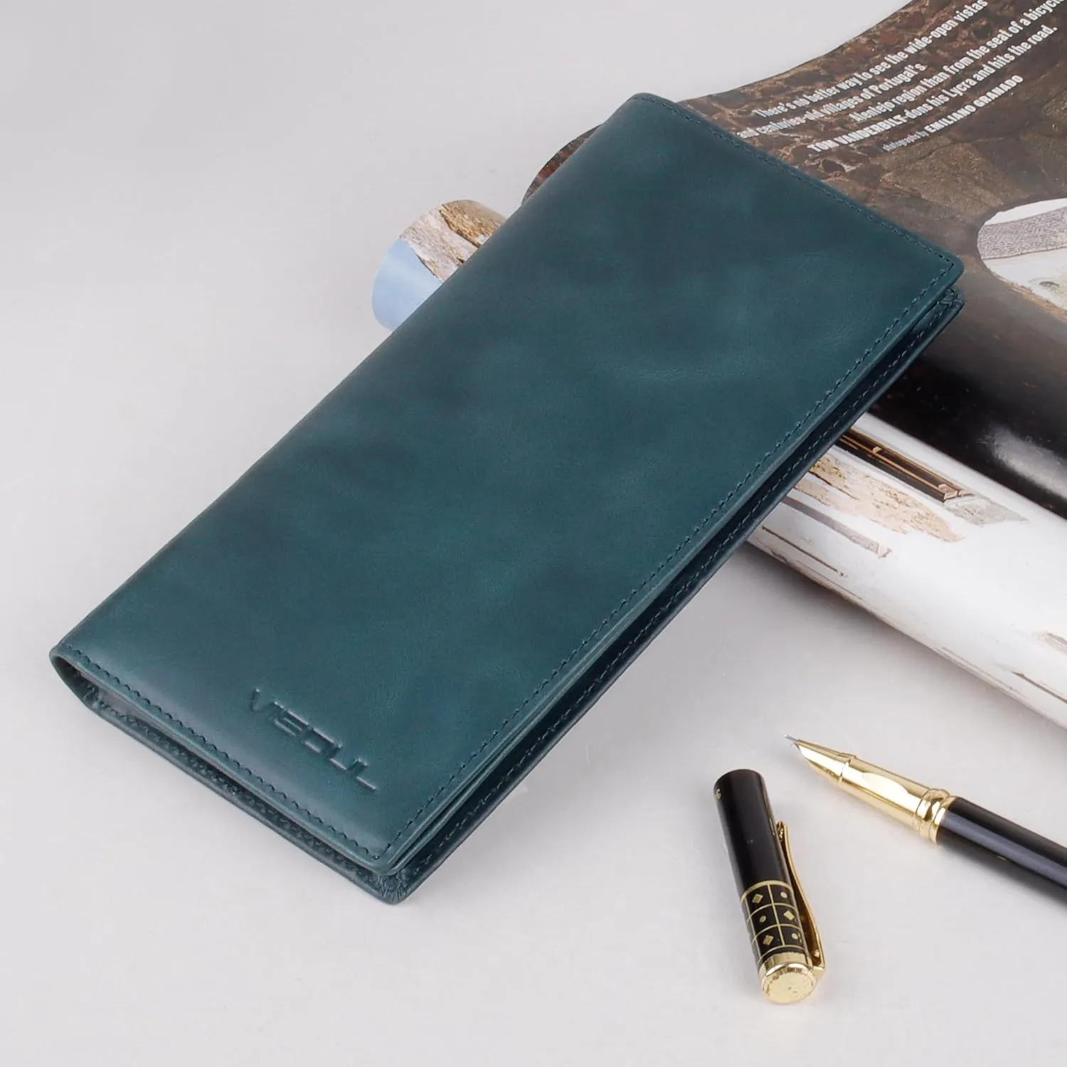VISOUL Mens Checkbook Leather Wallets Long Bifold Wallets for Men Suit Wallet with 3 Cash Compartments 12 Credit Card Slots (Dark Blue)