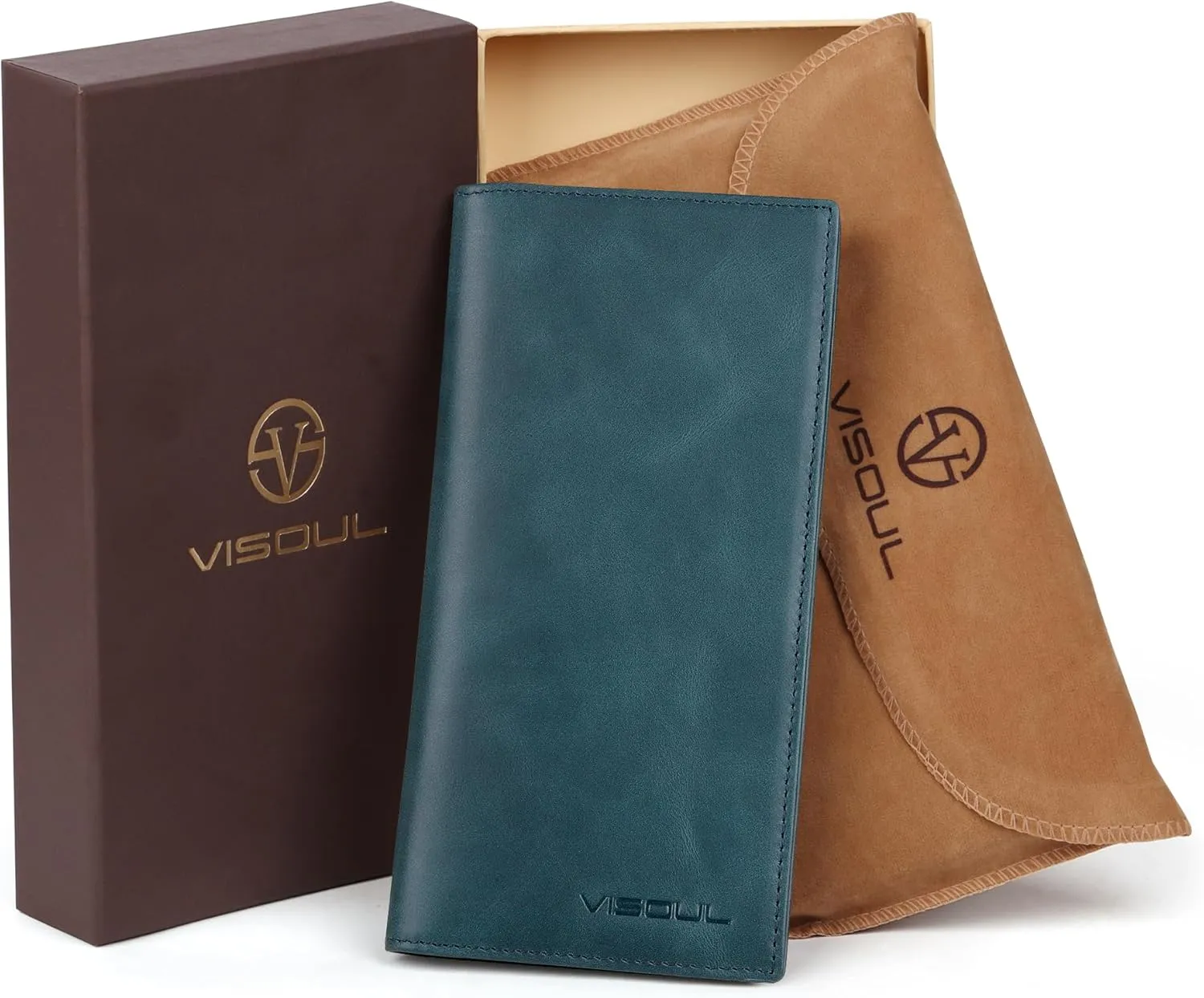VISOUL Mens Checkbook Leather Wallets Long Bifold Wallets for Men Suit Wallet with 3 Cash Compartments 12 Credit Card Slots (Dark Blue)