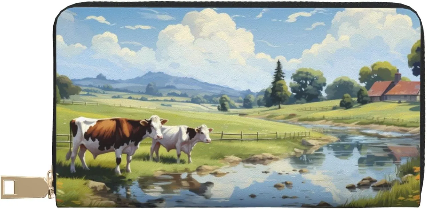 VOSERY Wallet Women, Leather Bifold Multi Card Wallet, Pasture Cow Women's Wallets, Long Purse