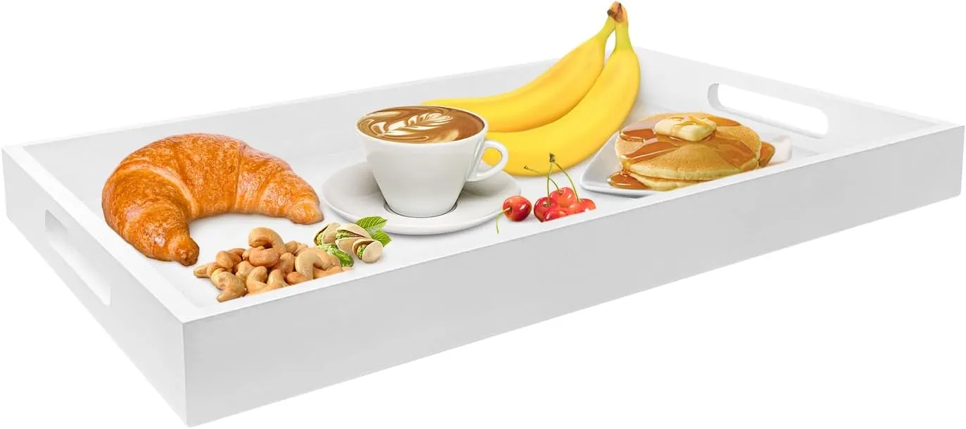 VUMSUM Wooden Serving Tray with Handles - Great for Breakfast, Dinner, Drinks, Snacks - Used in Bedroom, Kitchen, Living Room and Bathroom (17.9x11.2")