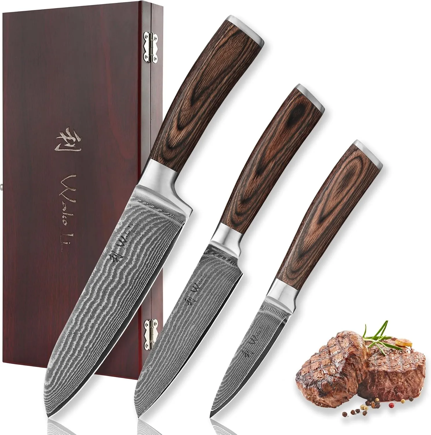 Wakoli Damascus Kitchen Knife Set, 3 Pieces Professional Chef Knife Set made from 67 Layers Damascus Steel with VG10 Core, Knives Set for Kitchen with Pakkawood Handles in Wooden Gift Box (EDIB 3-pcs)