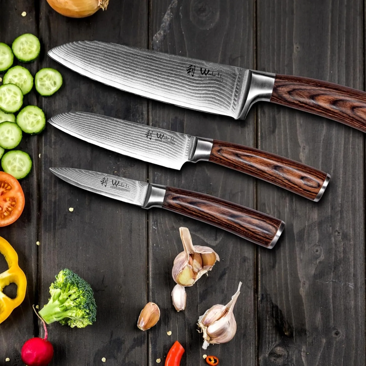 Wakoli Damascus Kitchen Knife Set, 3 Pieces Professional Chef Knife Set made from 67 Layers Damascus Steel with VG10 Core, Knives Set for Kitchen with Pakkawood Handles in Wooden Gift Box (EDIB 3-pcs)