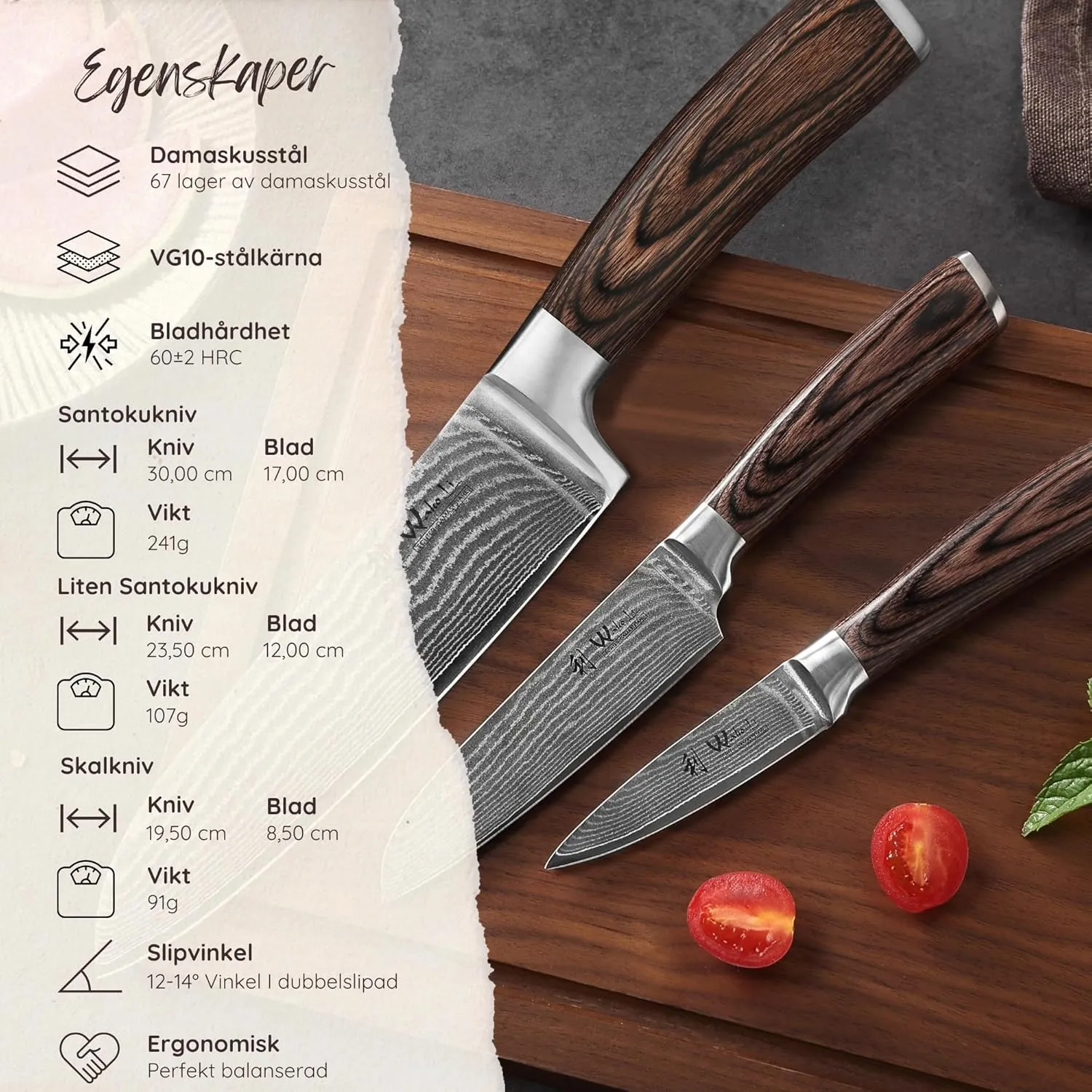 Wakoli Damascus Kitchen Knife Set, 3 Pieces Professional Chef Knife Set made from 67 Layers Damascus Steel with VG10 Core, Knives Set for Kitchen with Pakkawood Handles in Wooden Gift Box (EDIB 3-pcs)