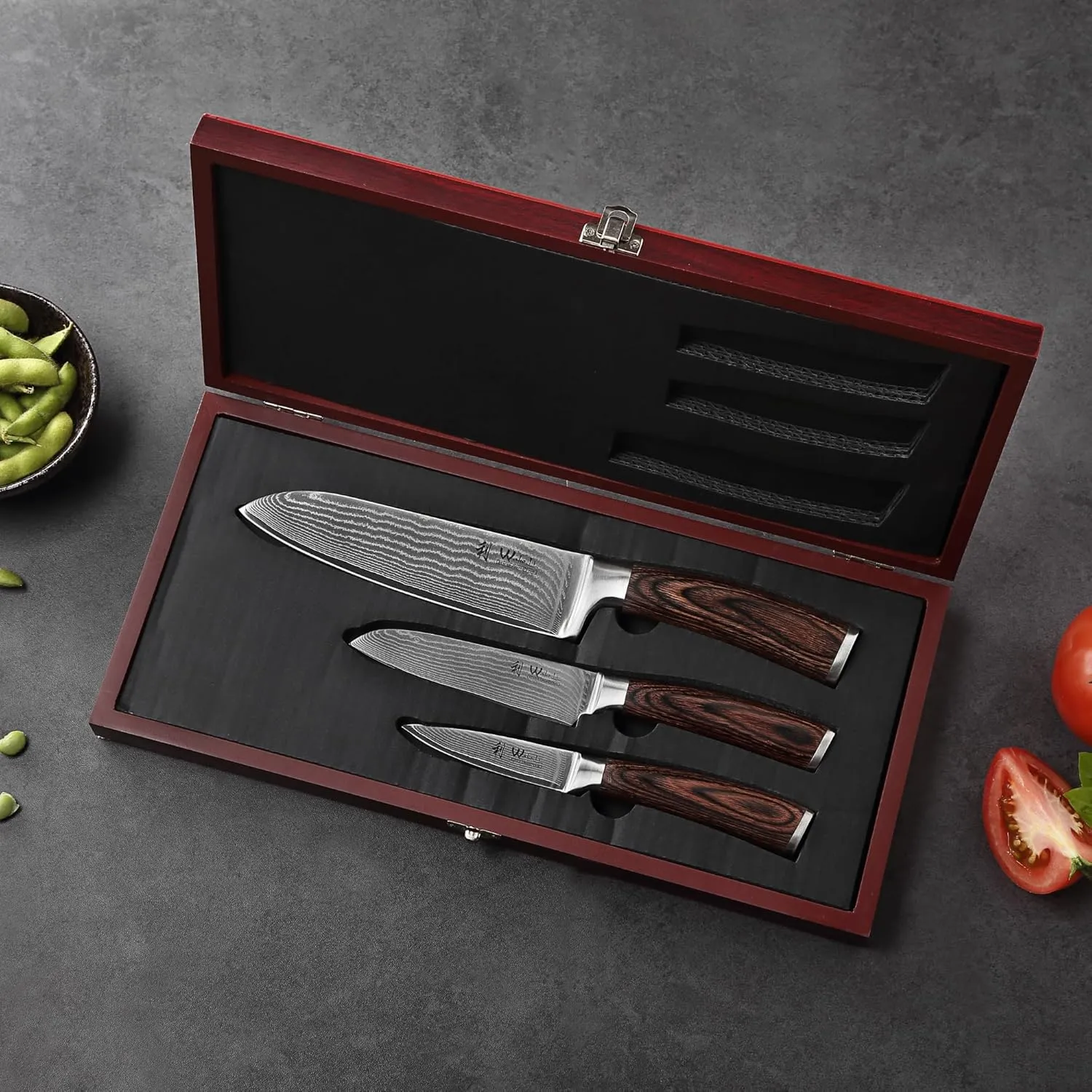 Wakoli Damascus Kitchen Knife Set, 3 Pieces Professional Chef Knife Set made from 67 Layers Damascus Steel with VG10 Core, Knives Set for Kitchen with Pakkawood Handles in Wooden Gift Box (EDIB 3-pcs)
