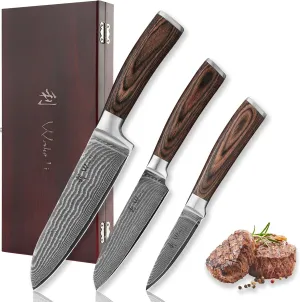 Wakoli Damascus Kitchen Knife Set, 3 Pieces Professional Chef Knife Set made from 67 Layers Damascus Steel with VG10 Core, Knives Set for Kitchen with Pakkawood Handles in Wooden Gift Box (EDIB 3-pcs)