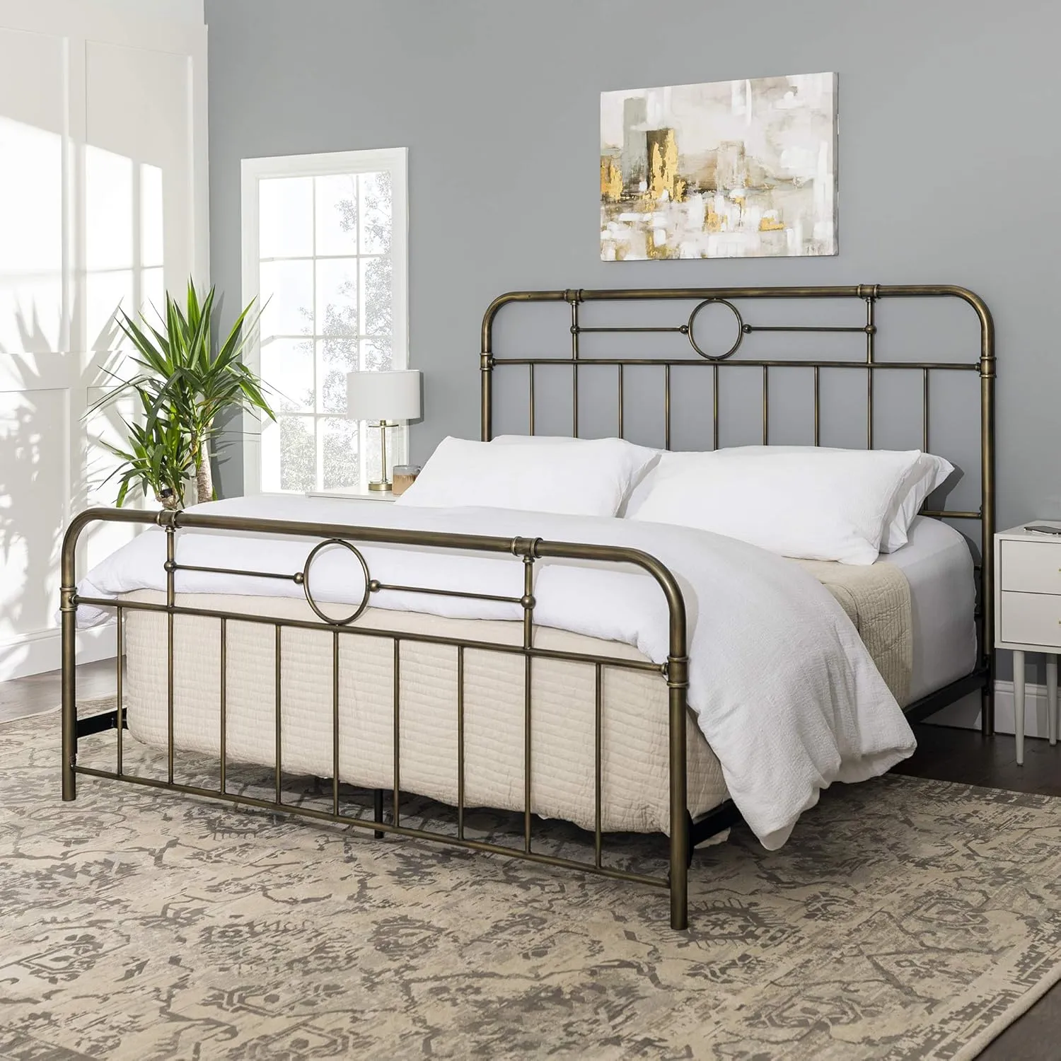Walker Edison Vintage Antique Metal Iron Pipe King Size Bed Headboard Footboard Bed Frame Bedroom, King, Bronze
