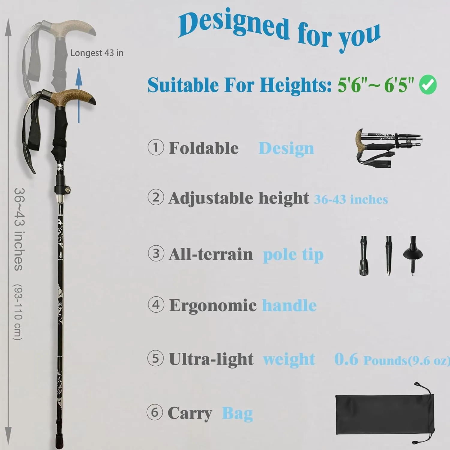 Walking Cane-Foldable, Adjustable,Collapsible Walking Canes for Men&Women,Heavy Duty All Terrain Tip,with Travel Bag-Walking Sticks for Seniors&Adults[Black] Trekking Poles Hiking Walking Stick