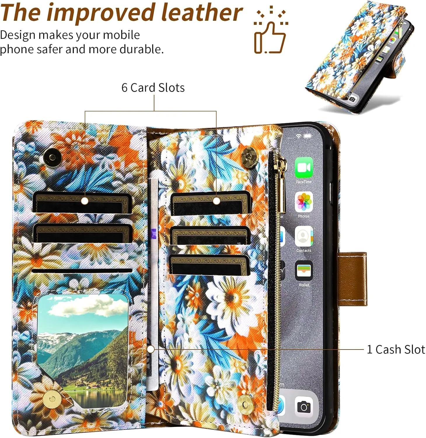Wallet Case for Wiko Ride 3 with Detachable Wrist Strap Crossbody Shoulder Strap Flower Leather 6  Card Slots Zipper Purse Credit CardHolder Protector Stand Phone Cover U614AS Girls Brown