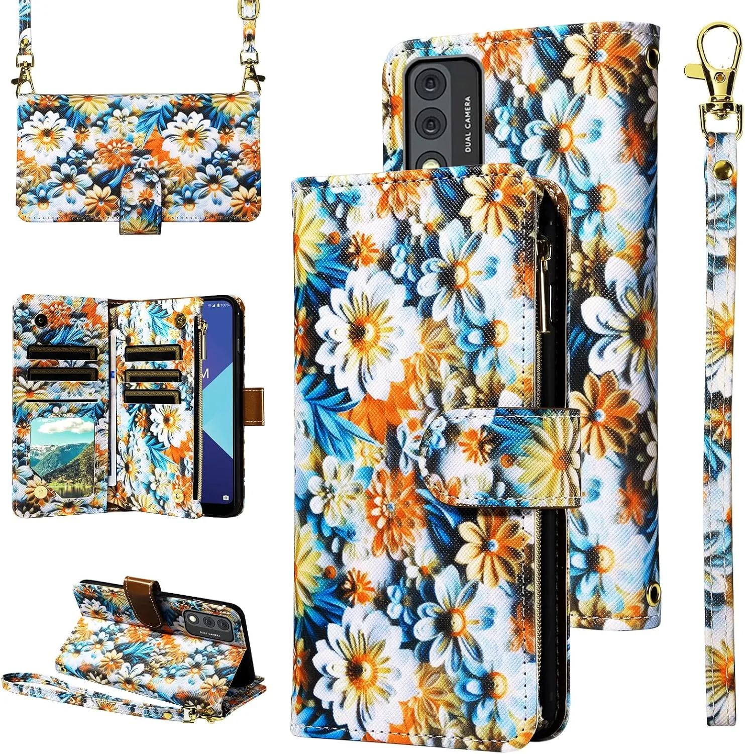 Wallet Case for Wiko Ride 3 with Detachable Wrist Strap Crossbody Shoulder Strap Flower Leather 6  Card Slots Zipper Purse Credit CardHolder Protector Stand Phone Cover U614AS Girls Brown