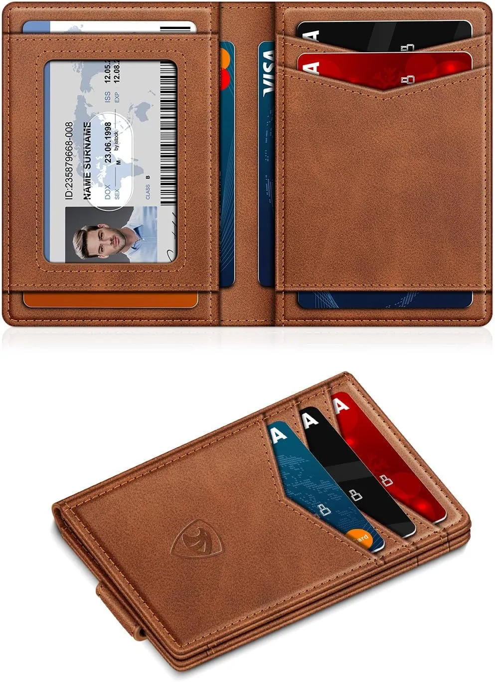 Wallet for Men Slim Leather Wallets for 12-15 Cards, Minimalist Thin RFID Blocking Card Holder with Money Clip & ID Window, Small Bifold Front Pocket Wallet, Gifts for Men