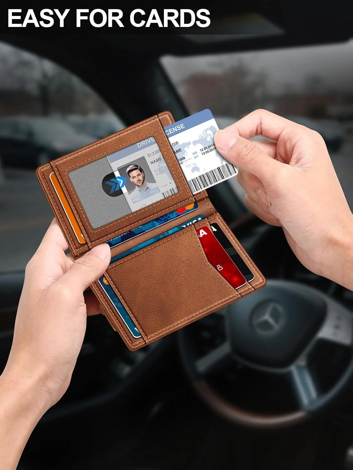 Wallet for Men Slim Leather Wallets for 12-15 Cards, Minimalist Thin RFID Blocking Card Holder with Money Clip & ID Window, Small Bifold Front Pocket Wallet, Gifts for Men