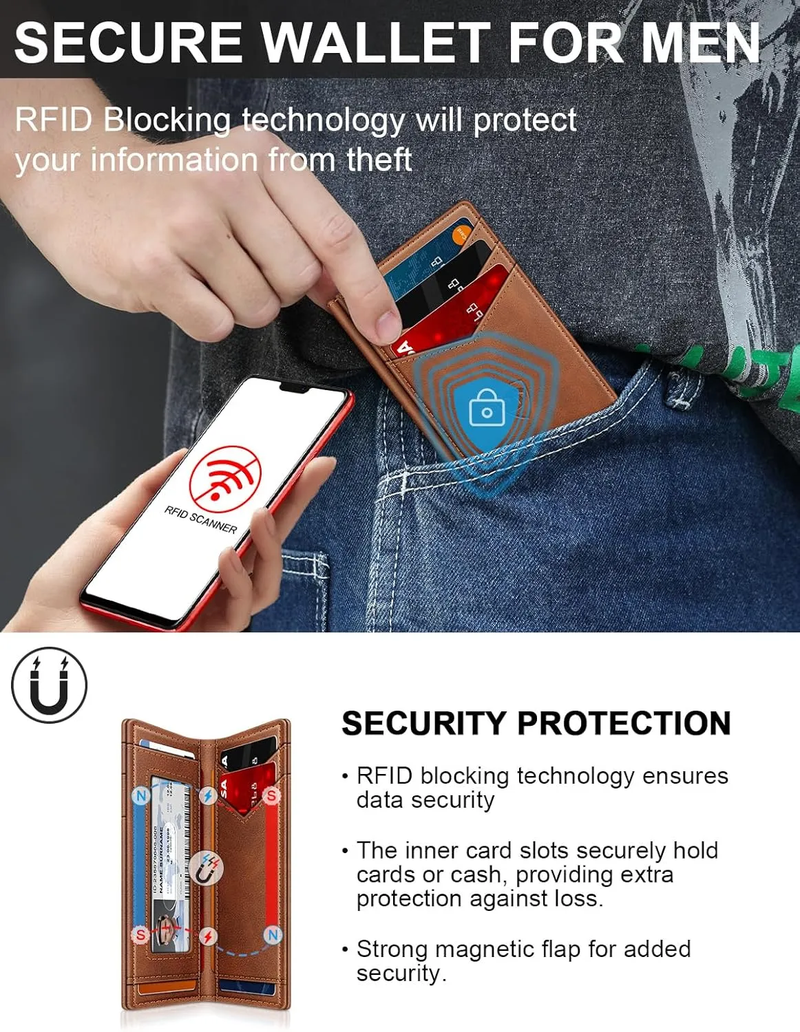 Wallet for Men Slim Leather Wallets for 12-15 Cards, Minimalist Thin RFID Blocking Card Holder with Money Clip & ID Window, Small Bifold Front Pocket Wallet, Gifts for Men