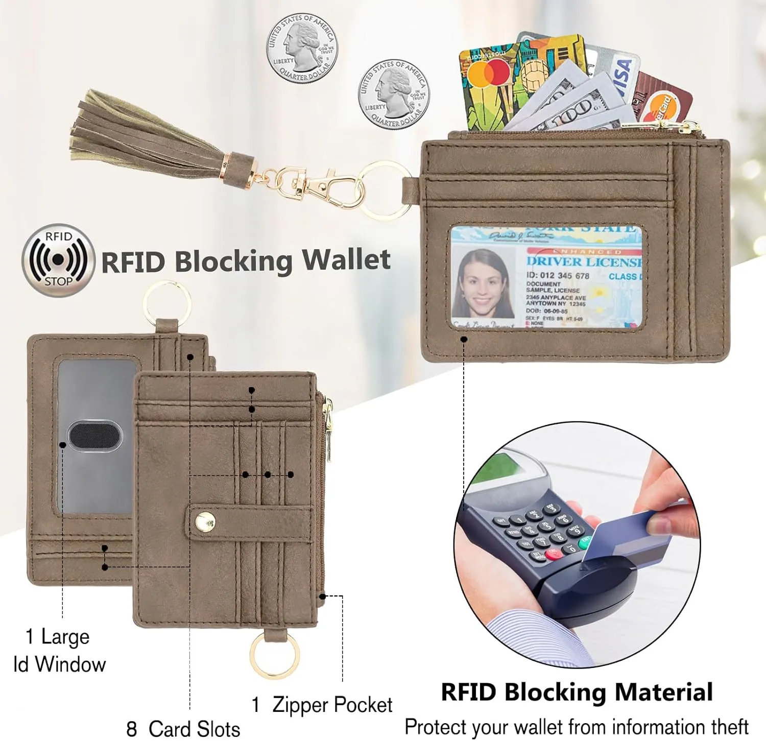 Wallet Keychain Wristlet for Women,Slim RFID Credit Card Holder Purse Tassel Keychain Bangle Key Ring for Men Women