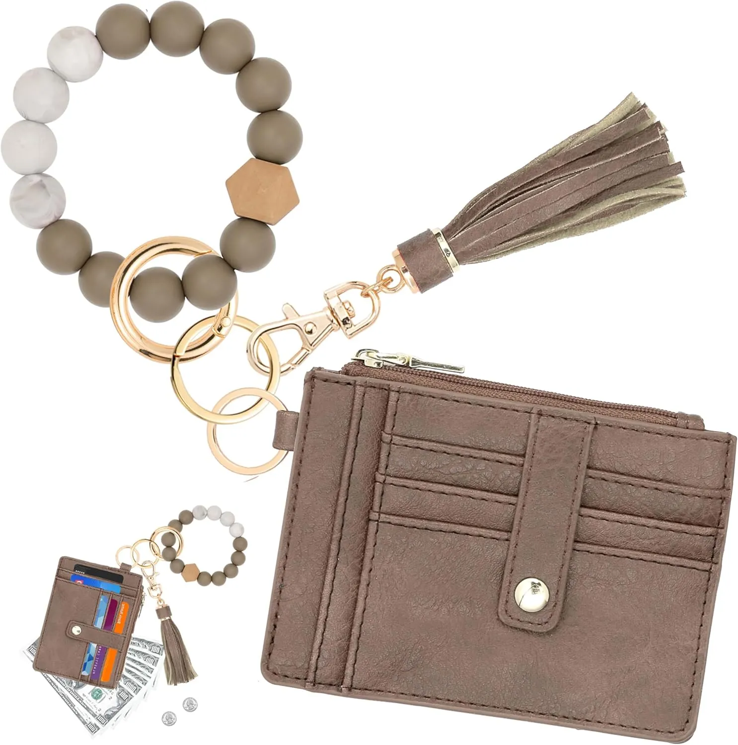 Wallet Keychain Wristlet for Women,Slim RFID Credit Card Holder Purse Tassel Keychain Bangle Key Ring for Men Women