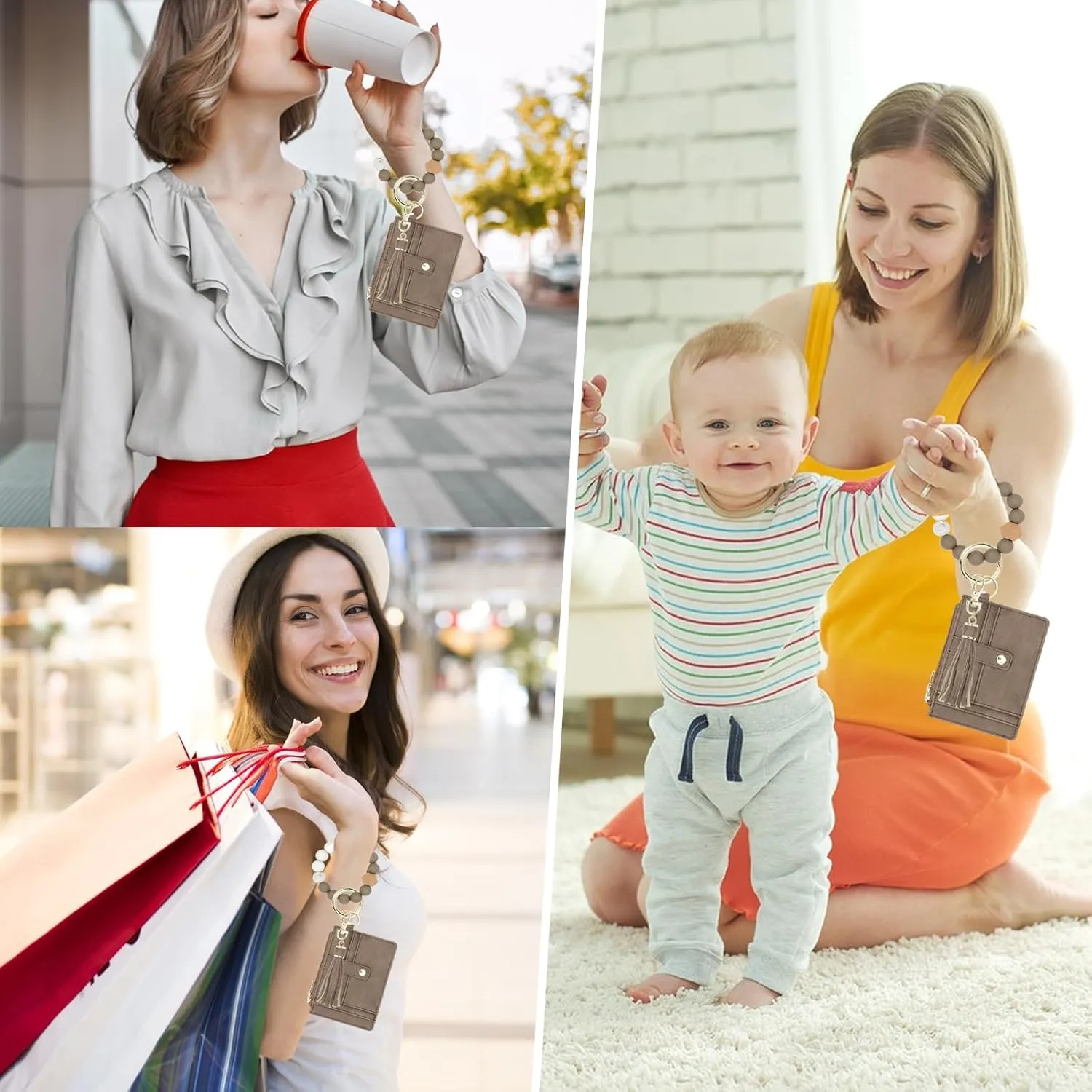 Wallet Keychain Wristlet for Women,Slim RFID Credit Card Holder Purse Tassel Keychain Bangle Key Ring for Men Women