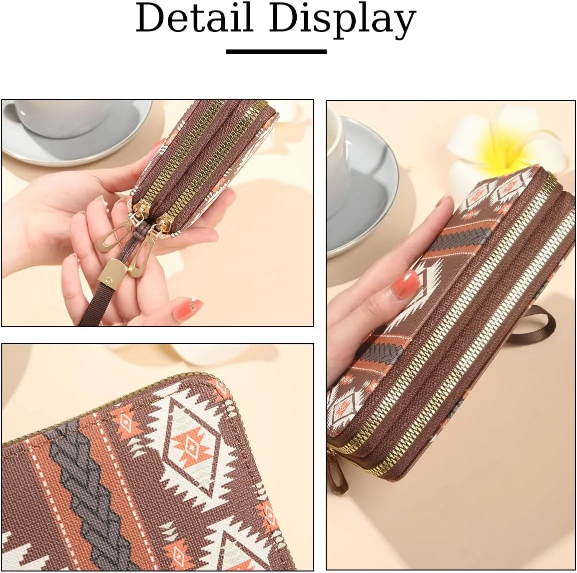 Wallet Purse for Women, Boho-Inspired Wristlet Wallet with Credit Card Holder（Coffee）