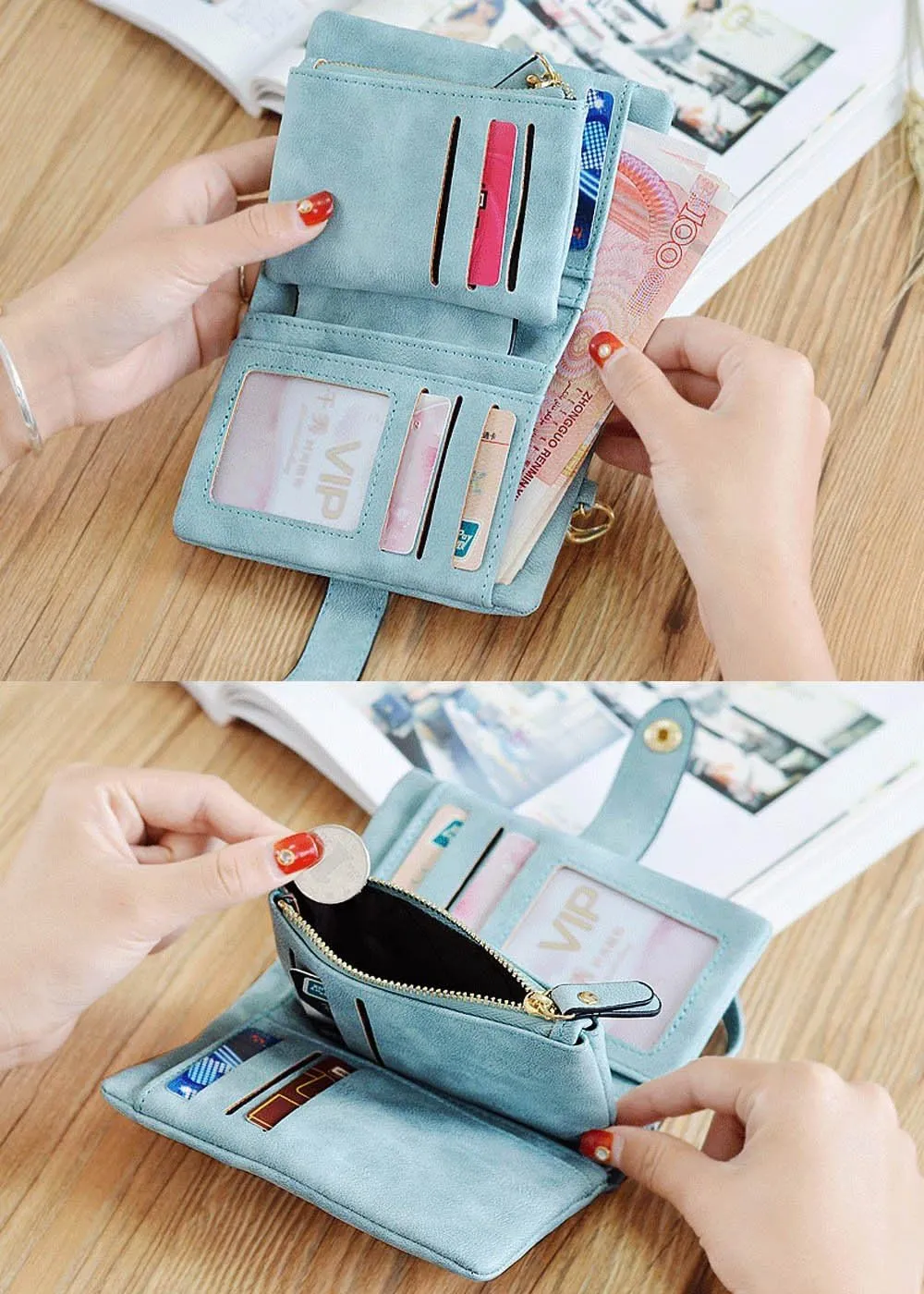 Wallets for Women Bifold Small Rfid Soft Leather Ladies Wallets Trifold Womens Wallets Billfolds Mini Wristlet Clutch Cute Zipper Coin Purse with Wrist Strap