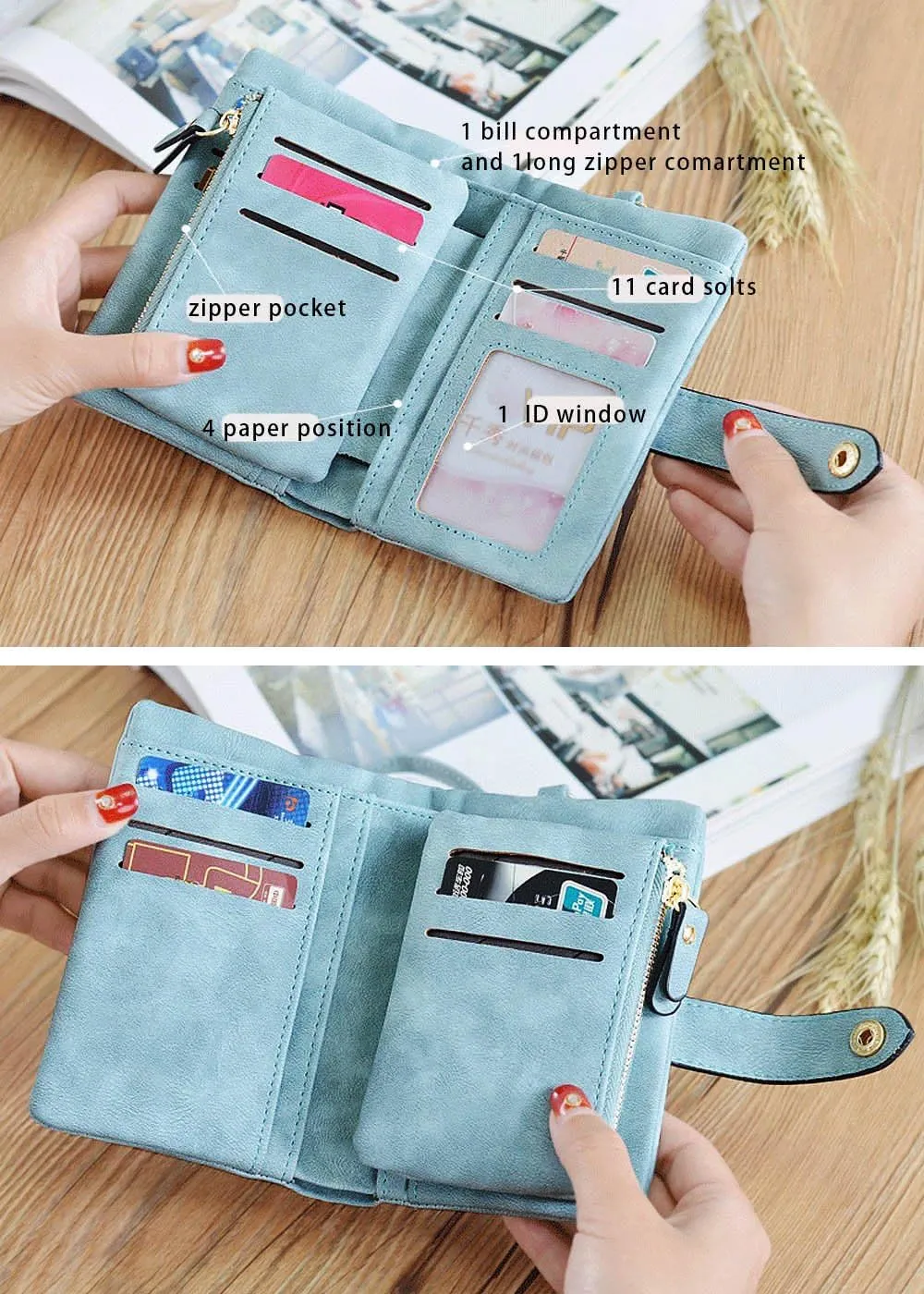 Wallets for Women Bifold Small Rfid Soft Leather Ladies Wallets Trifold Womens Wallets Billfolds Mini Wristlet Clutch Cute Zipper Coin Purse with Wrist Strap