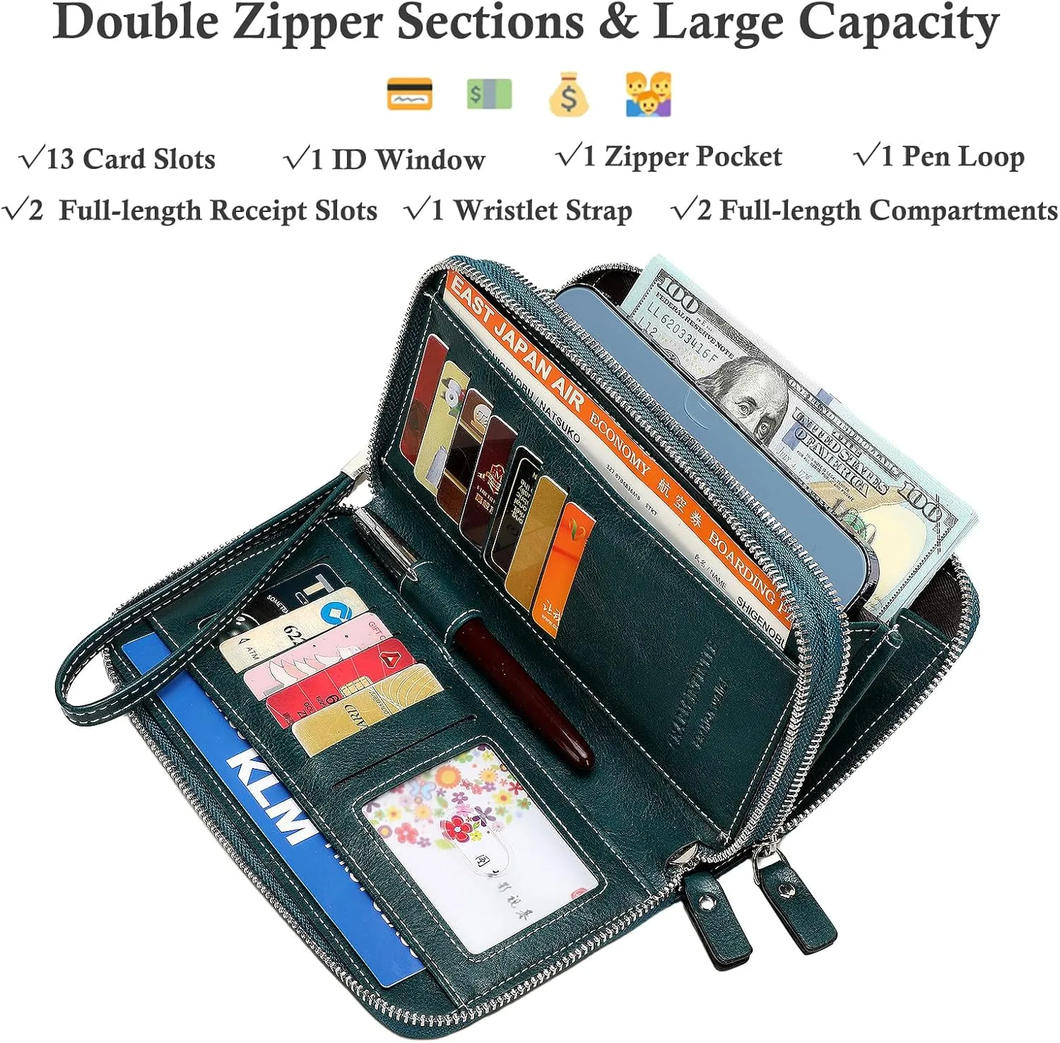 Wallets for Women Wristlet RFID Blocking Genuine Leather Double Zipper Credit Card Holder Large Ladies Clutch Purse