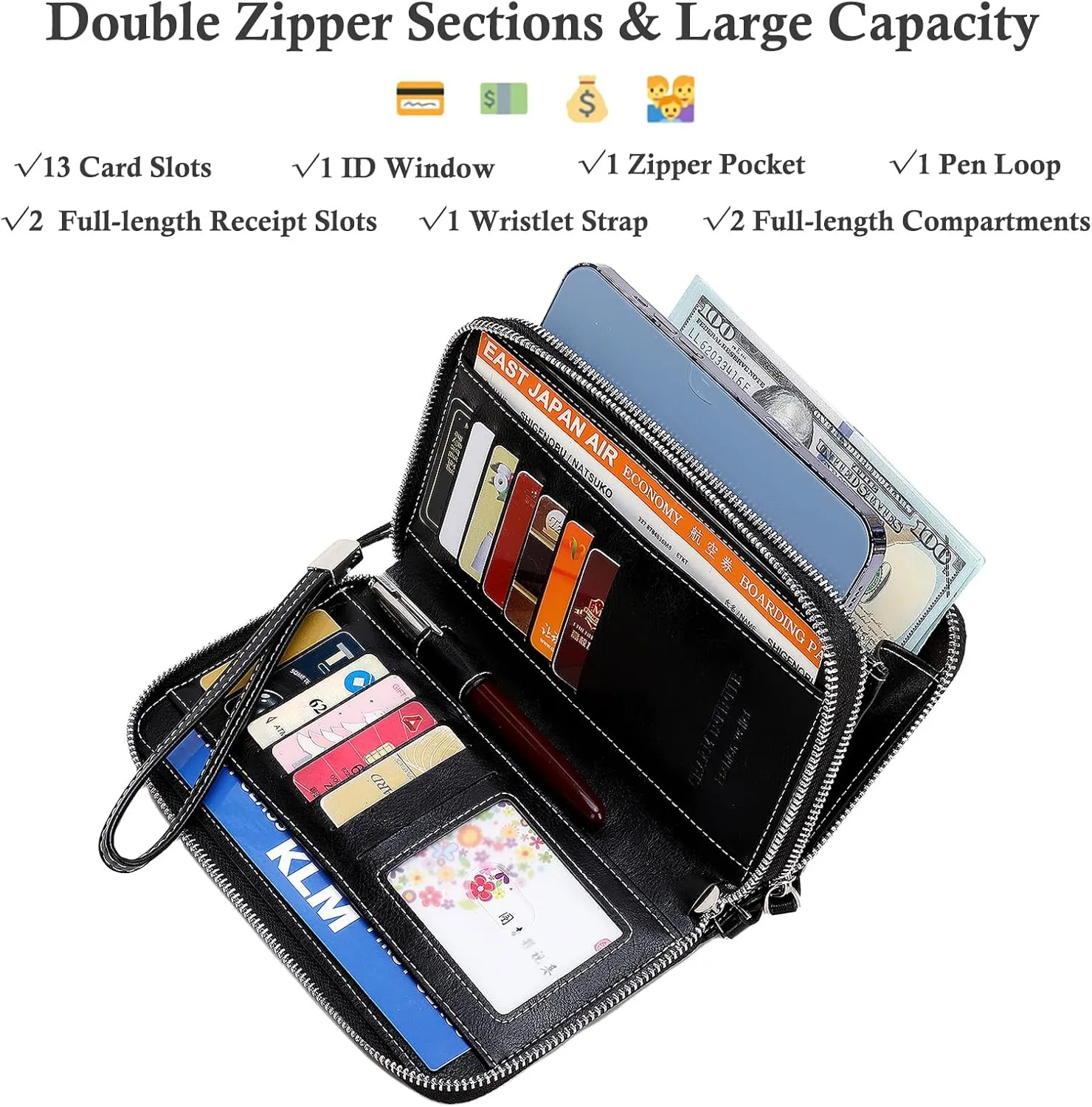 Wallets for Women Wristlet RFID Blocking Genuine Leather Double Zipper Credit Card Holder Large Ladies Clutch Purse