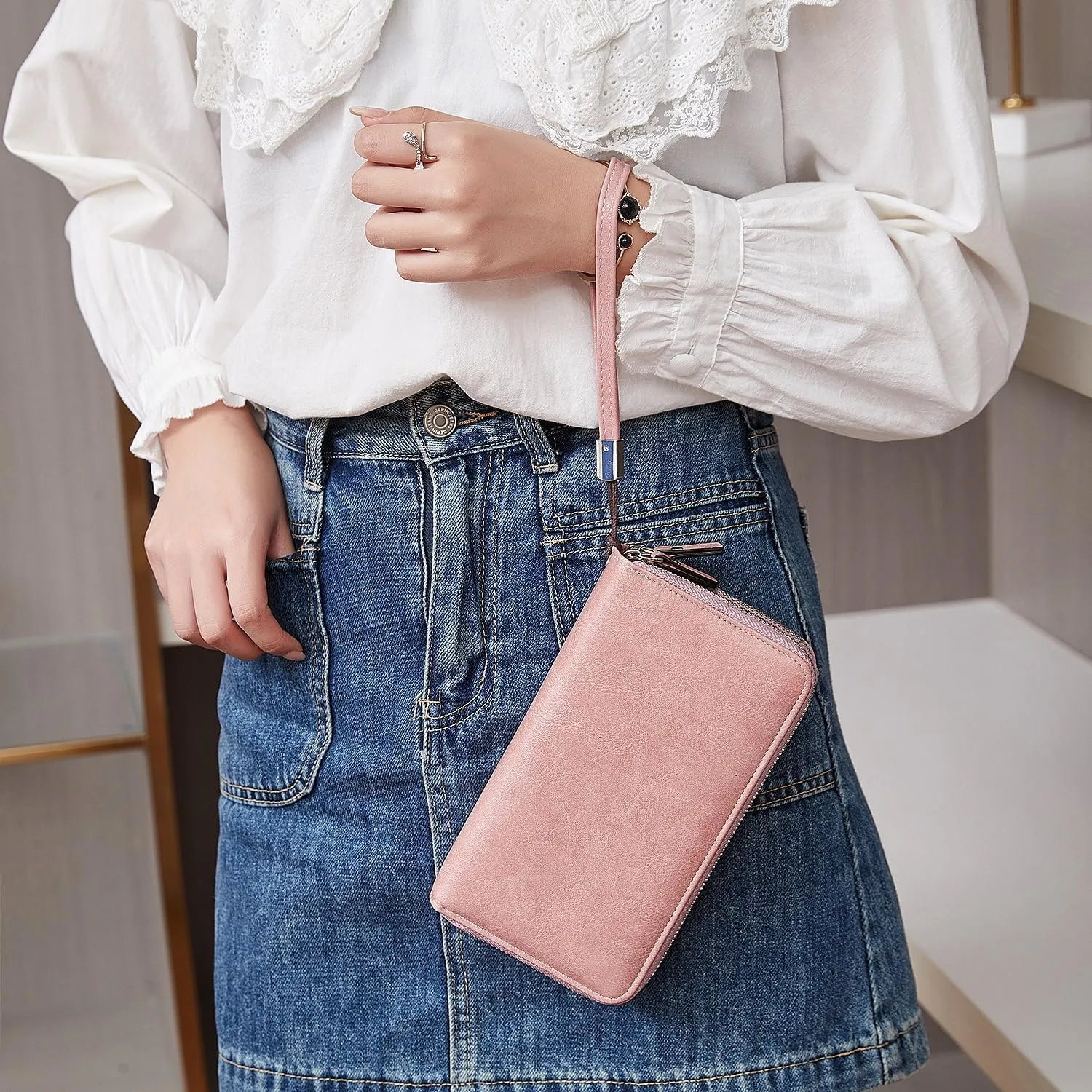 Wallets for Women Wristlet RFID Blocking Genuine Leather Double Zipper Credit Card Holder Large Ladies Clutch Purse