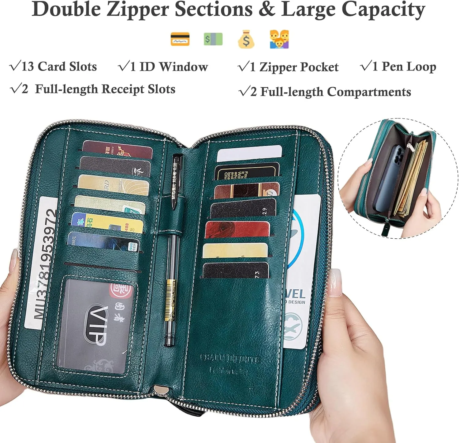 Wallets for Women Wristlet RFID Blocking Genuine Leather Double Zipper Credit Card Holder Large Ladies Clutch Purse