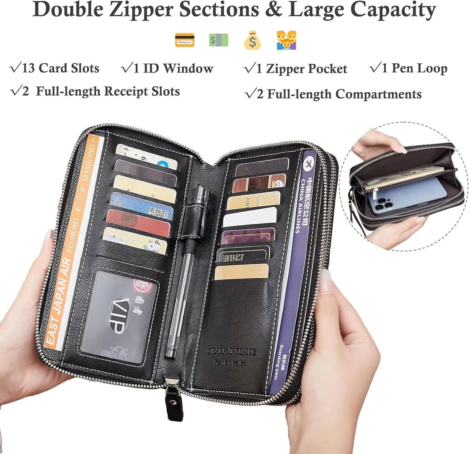 Wallets for Women Wristlet RFID Blocking Genuine Leather Double Zipper Credit Card Holder Large Ladies Clutch Purse
