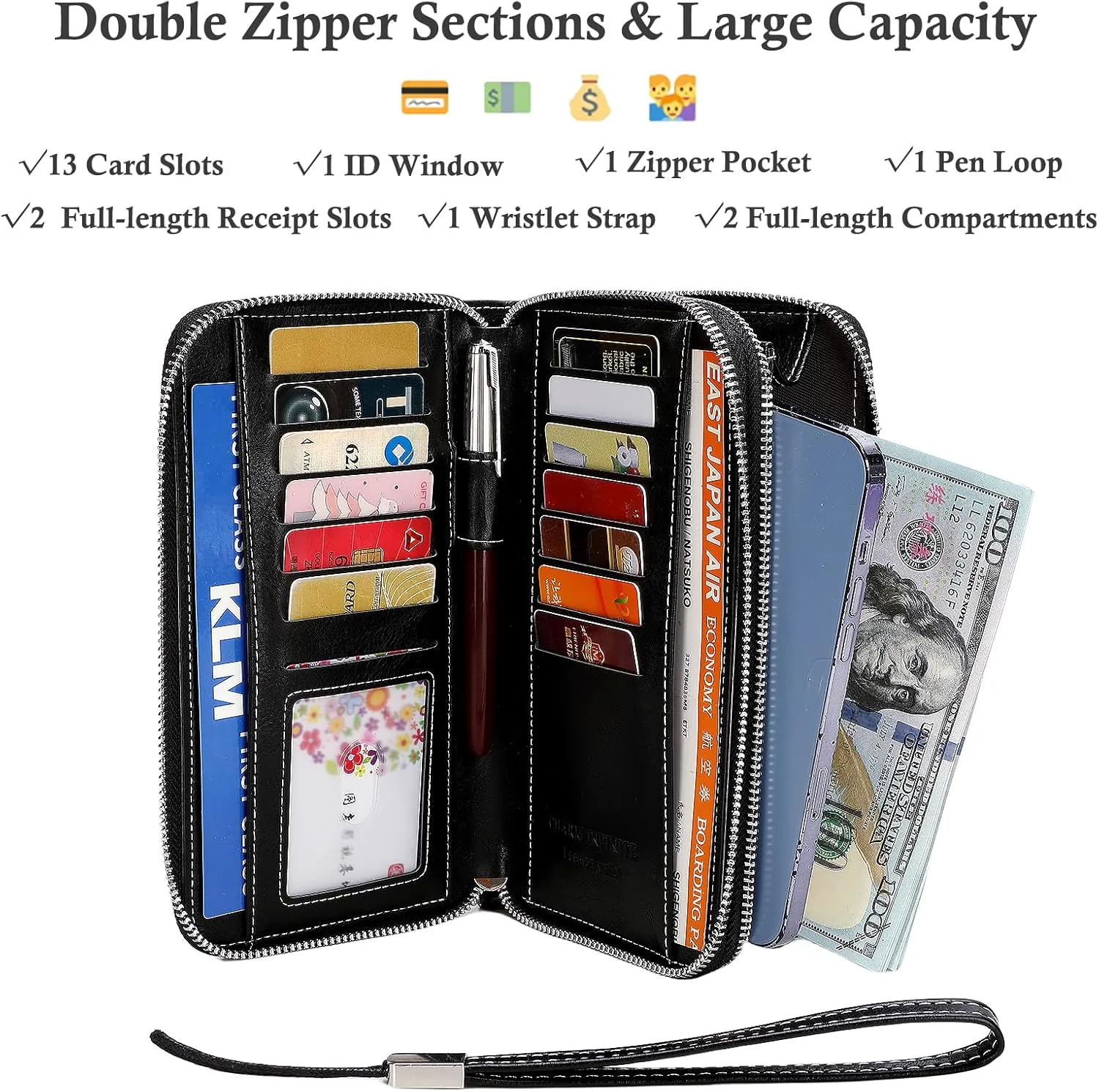 Wallets for Women Wristlet RFID Blocking Genuine Leather Double Zipper Credit Card Holder Large Ladies Clutch Purse