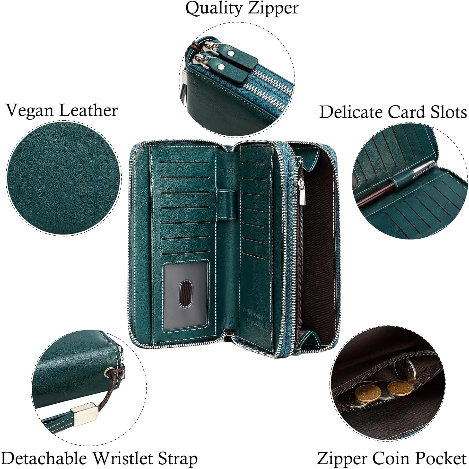 Wallets for Women Wristlet RFID Blocking Genuine Leather Double Zipper Credit Card Holder Large Ladies Clutch Purse