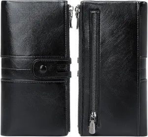 Wallets for Women Wristlet RFID Blocking Genuine Leather Double Zipper Credit Card Holder Large Ladies Clutch Purse