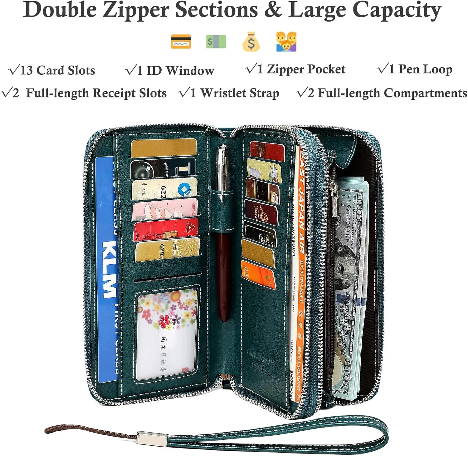 Wallets for Women Wristlet RFID Blocking Genuine Leather Double Zipper Credit Card Holder Large Ladies Clutch Purse