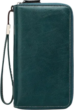 Wallets for Women Wristlet RFID Blocking Genuine Leather Double Zipper Credit Card Holder Large Ladies Clutch Purse