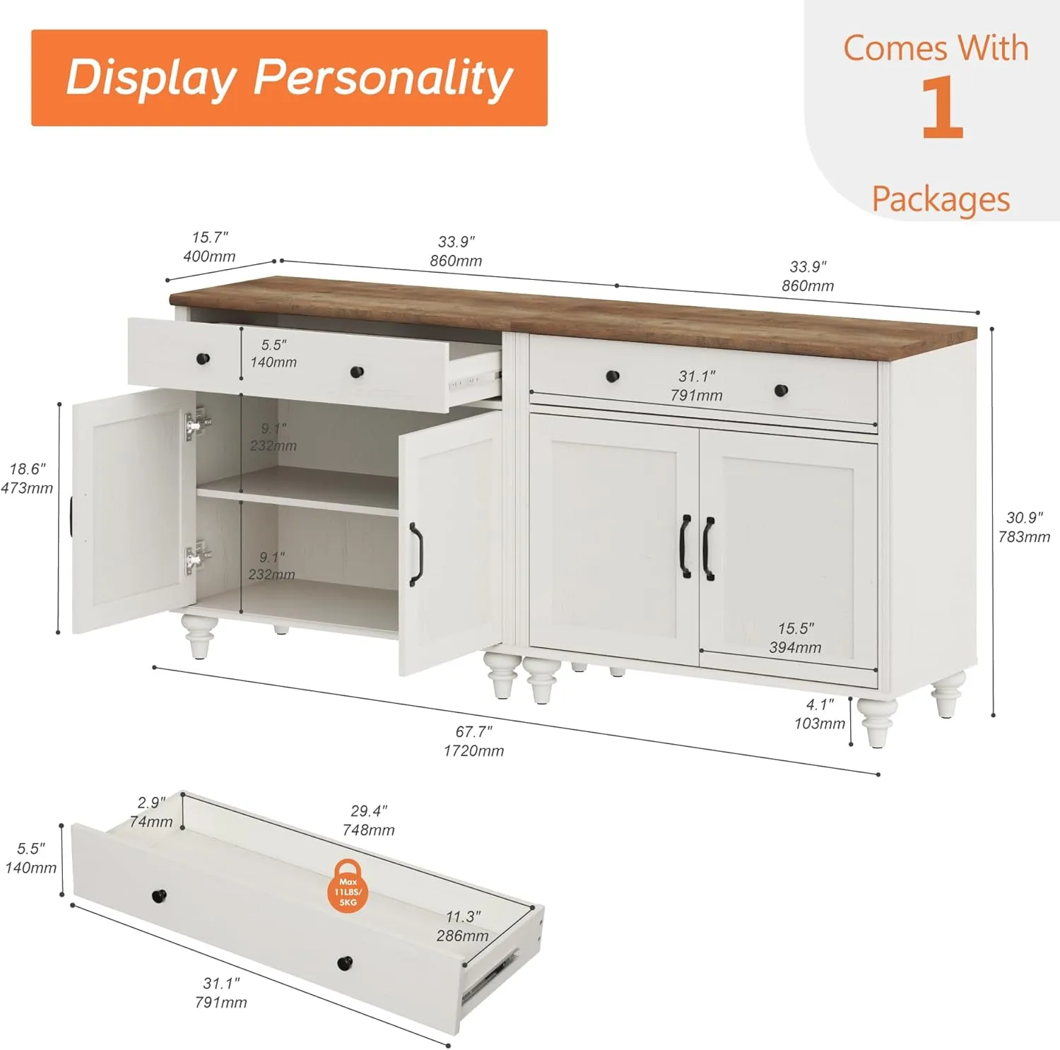 WAMAPT Buffet Cabinet with 4 Doors and 2 Drawers, Large Coffee Bar Table Wood Kitchen Storage Cabinets with Storage Cabinets, Modern Farmhouse Sideboard Credenza for Dining Room, Off White, 68 inch