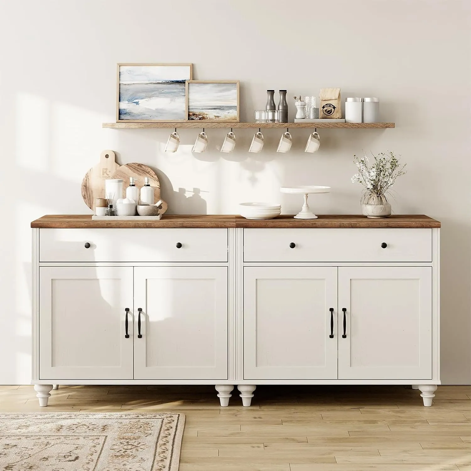 WAMAPT Buffet Cabinet with 4 Doors and 2 Drawers, Large Coffee Bar Table Wood Kitchen Storage Cabinets with Storage Cabinets, Modern Farmhouse Sideboard Credenza for Dining Room, Off White, 68 inch