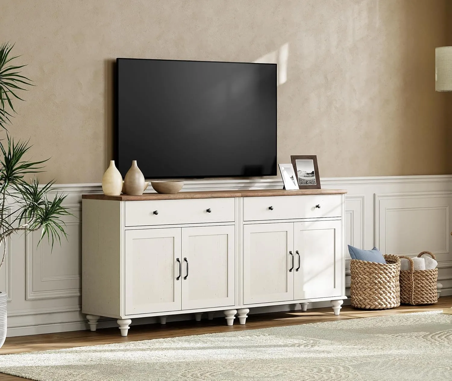 WAMAPT Buffet Cabinet with 4 Doors and 2 Drawers, Large Coffee Bar Table Wood Kitchen Storage Cabinets with Storage Cabinets, Modern Farmhouse Sideboard Credenza for Dining Room, Off White, 68 inch