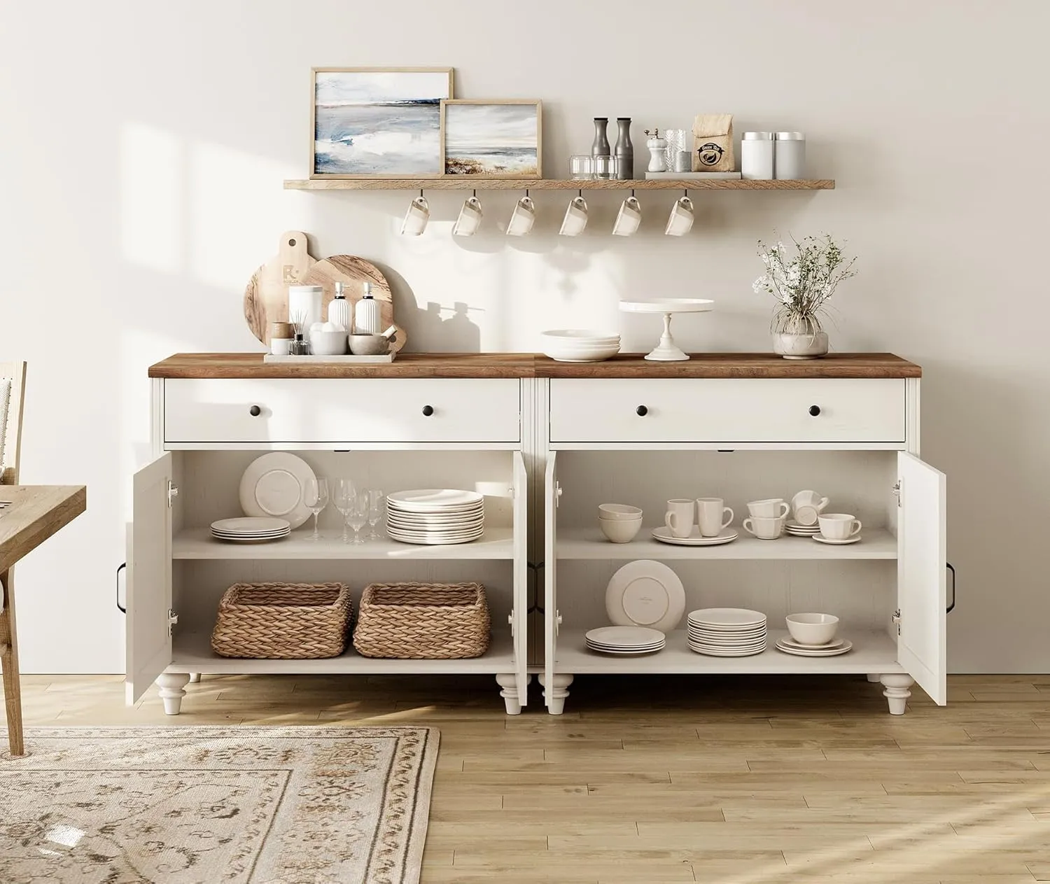 WAMAPT Buffet Cabinet with 4 Doors and 2 Drawers, Large Coffee Bar Table Wood Kitchen Storage Cabinets with Storage Cabinets, Modern Farmhouse Sideboard Credenza for Dining Room, Off White, 68 inch