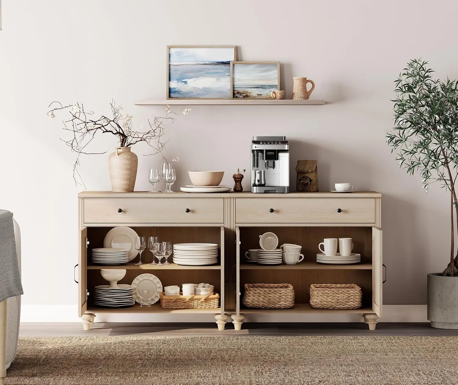 WAMPAT Buffet Cabinet with 4 Doors and 2 Drawers, Large Coffee Bar Table Wood Kitchen Storage Cabinets with Storage Cabinets, Modern Farmhouse Sideboard Credenza for Dining Room, Beige, 68 inch