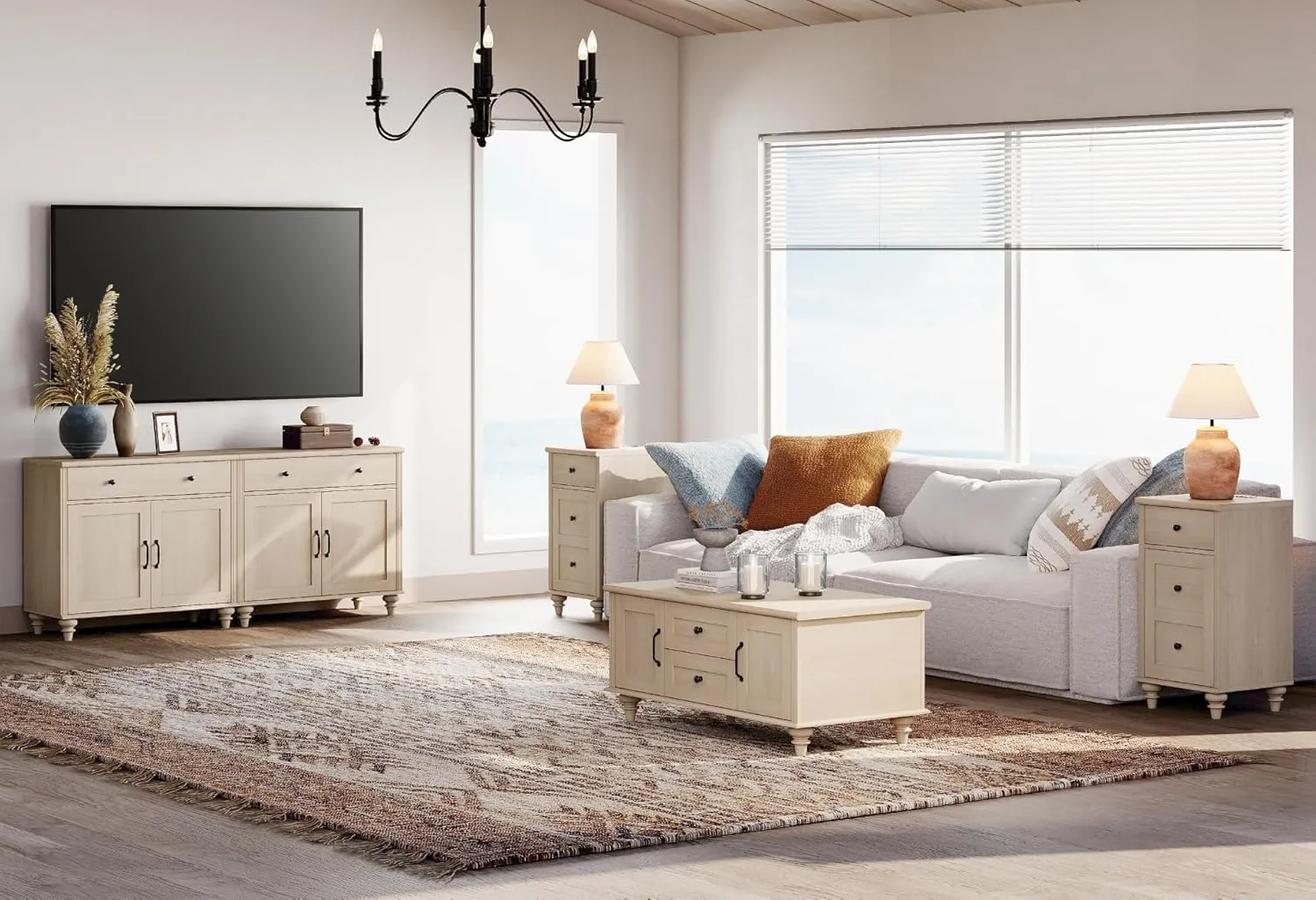 WAMPAT Buffet Cabinet with 4 Doors and 2 Drawers, Large Coffee Bar Table Wood Kitchen Storage Cabinets with Storage Cabinets, Modern Farmhouse Sideboard Credenza for Dining Room, Beige, 68 inch