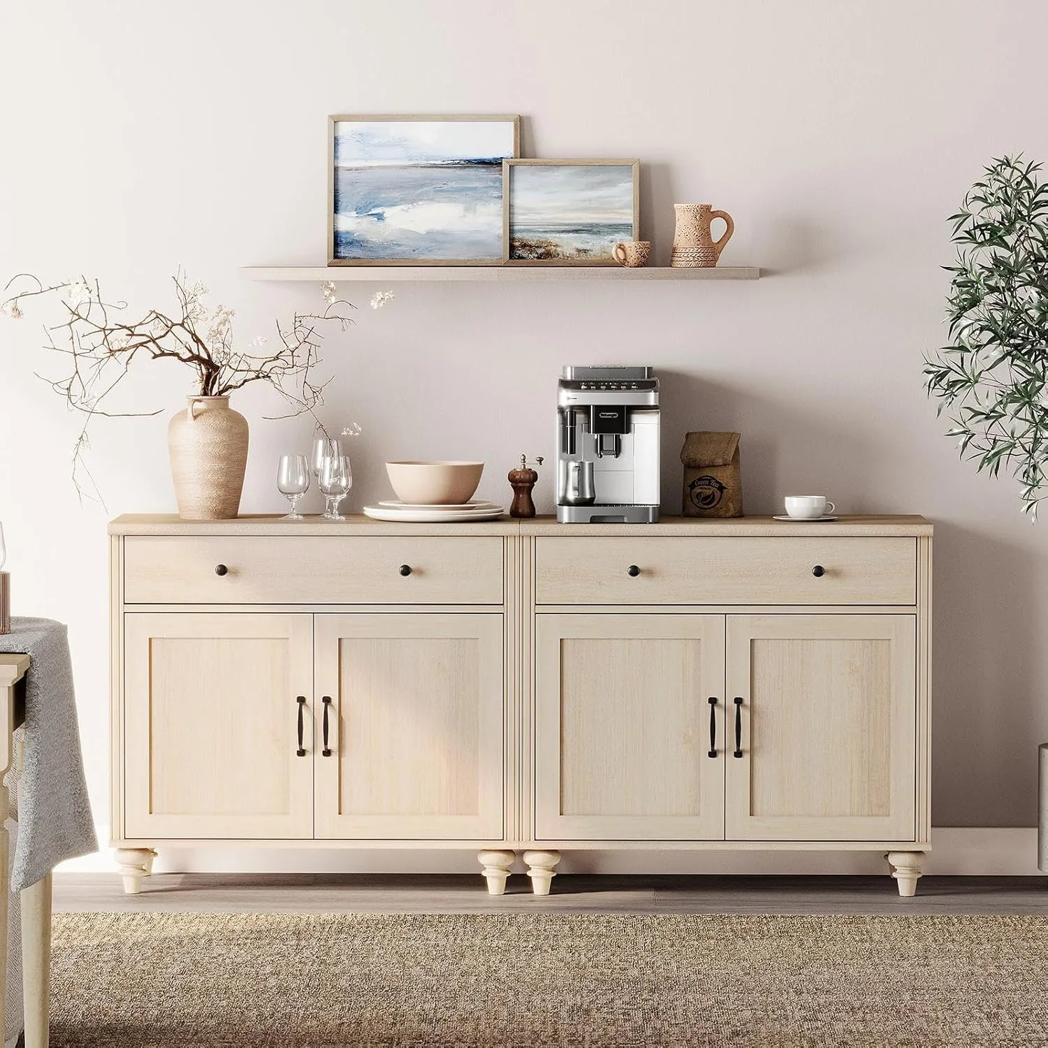 WAMPAT Buffet Cabinet with 4 Doors and 2 Drawers, Large Coffee Bar Table Wood Kitchen Storage Cabinets with Storage Cabinets, Modern Farmhouse Sideboard Credenza for Dining Room, Beige, 68 inch