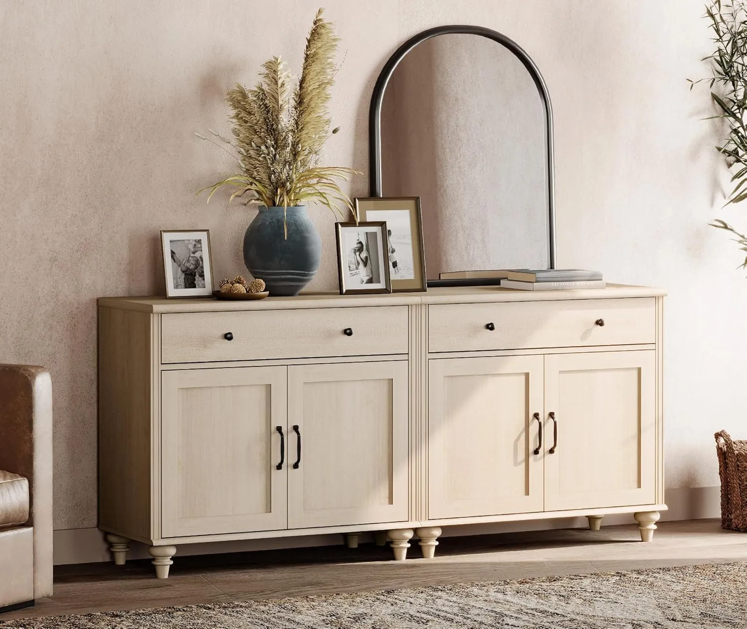 WAMPAT Buffet Cabinet with 4 Doors and 2 Drawers, Large Coffee Bar Table Wood Kitchen Storage Cabinets with Storage Cabinets, Modern Farmhouse Sideboard Credenza for Dining Room, Beige, 68 inch