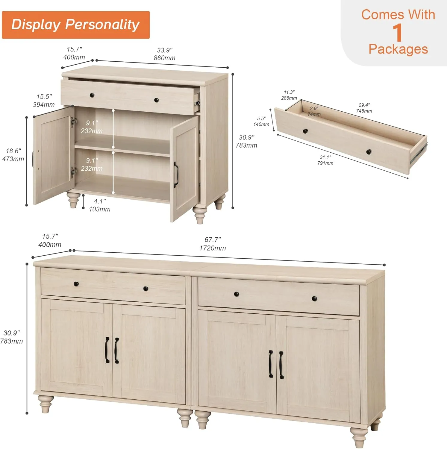 WAMPAT Buffet Cabinet with 4 Doors and 2 Drawers, Large Coffee Bar Table Wood Kitchen Storage Cabinets with Storage Cabinets, Modern Farmhouse Sideboard Credenza for Dining Room, Beige, 68 inch
