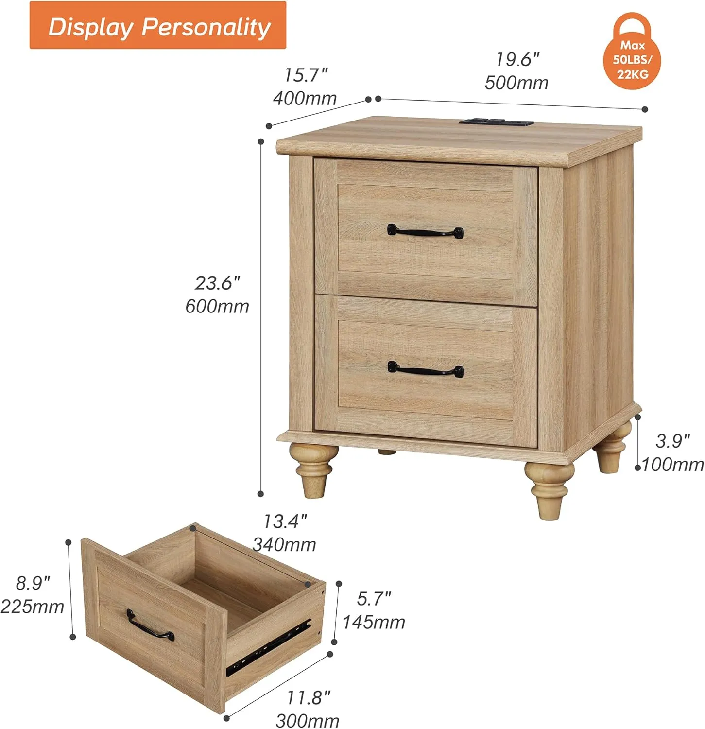 WAMPAT Nightstand Side Table with Charging Station, Light Wood End Table with 2 Drawers for Living Room, Farmhouse Night Stand Bedside Table for Bedroom, Oak