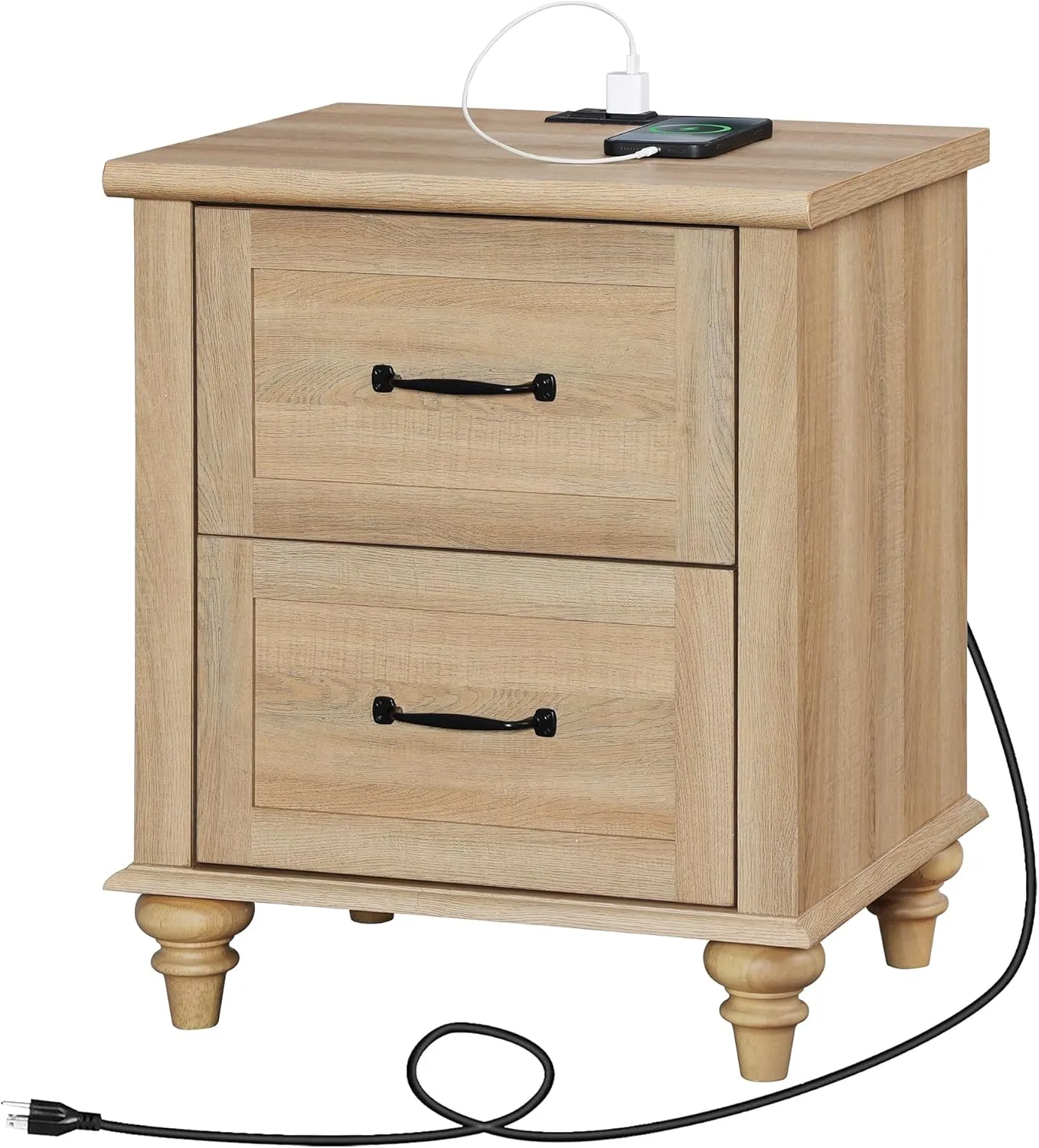 WAMPAT Nightstand Side Table with Charging Station, Light Wood End Table with 2 Drawers for Living Room, Farmhouse Night Stand Bedside Table for Bedroom, Oak