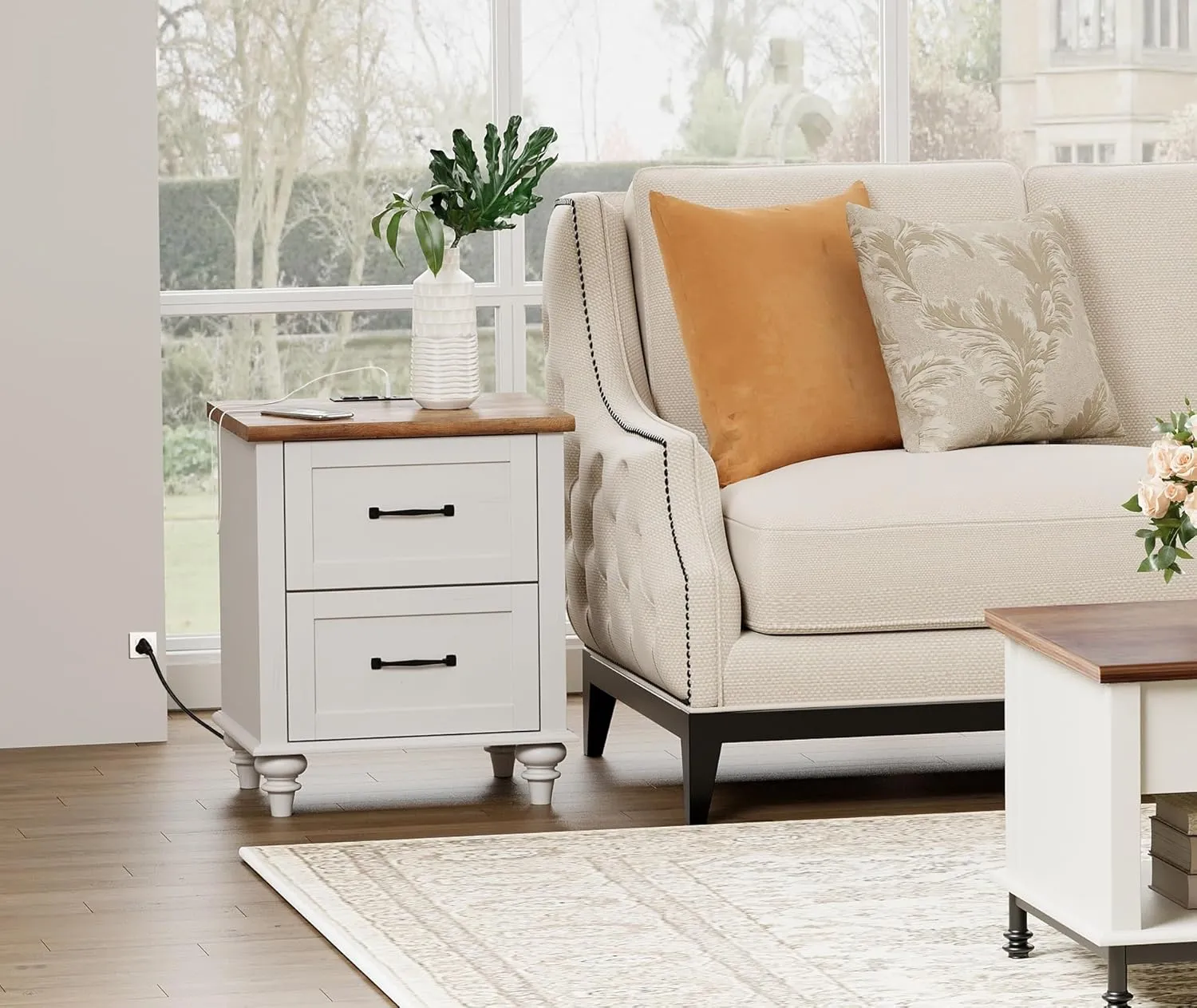 WAMPAT White Nightstand for Bedroom with Charging Station, Mid Century Side Table End Table with 2 Drawers, Wooden Night Stand Bedside Table for Living Room