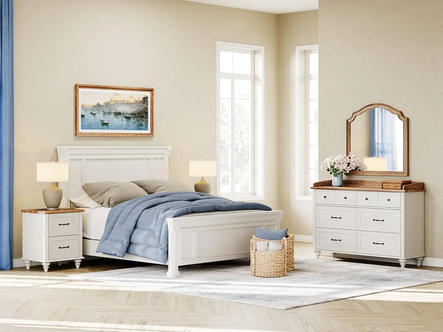 WAMPAT White Nightstand for Bedroom with Charging Station, Mid Century Side Table End Table with 2 Drawers, Wooden Night Stand Bedside Table for Living Room