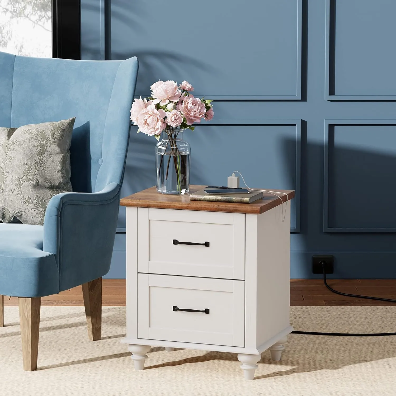 WAMPAT White Nightstand for Bedroom with Charging Station, Mid Century Side Table End Table with 2 Drawers, Wooden Night Stand Bedside Table for Living Room