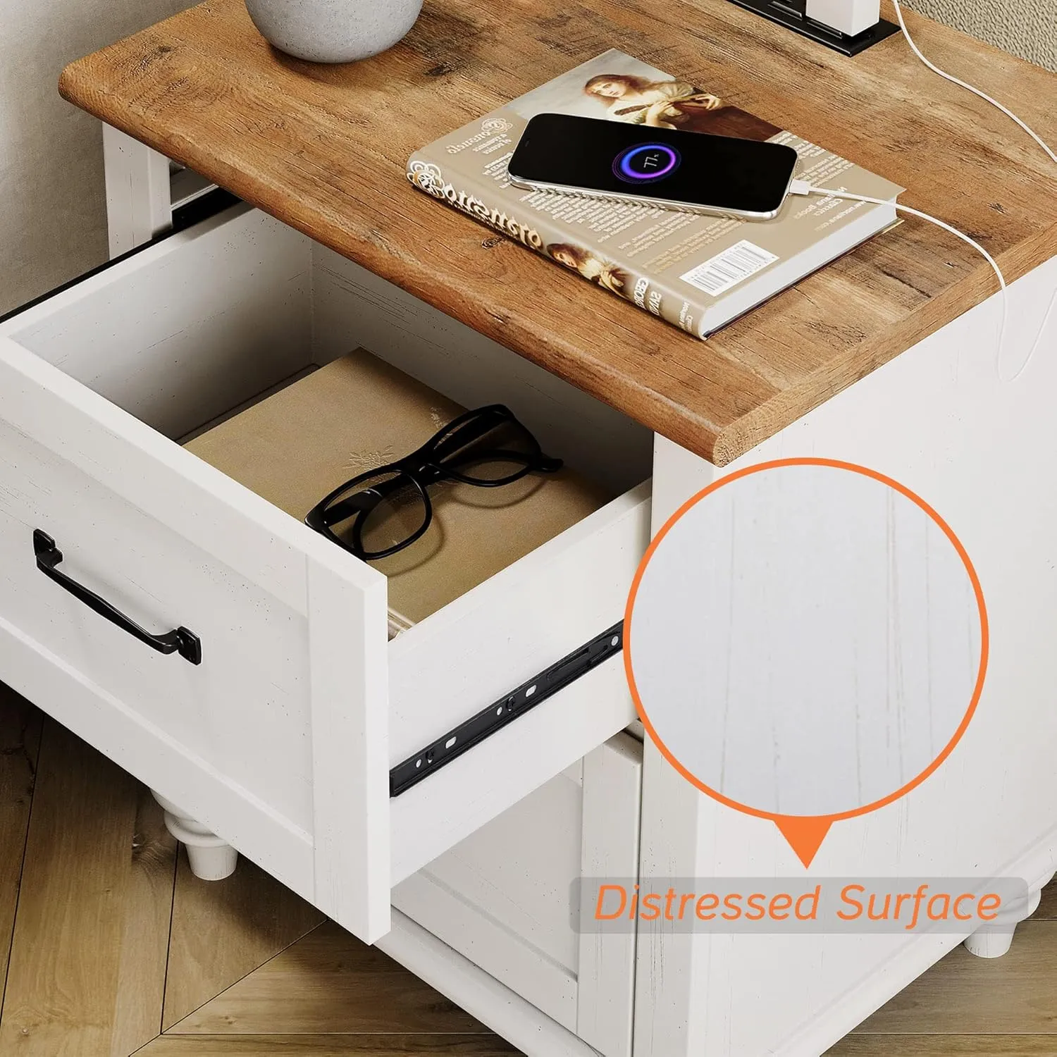 WAMPAT White Nightstand for Bedroom with Charging Station, Mid Century Side Table End Table with 2 Drawers, Wooden Night Stand Bedside Table for Living Room